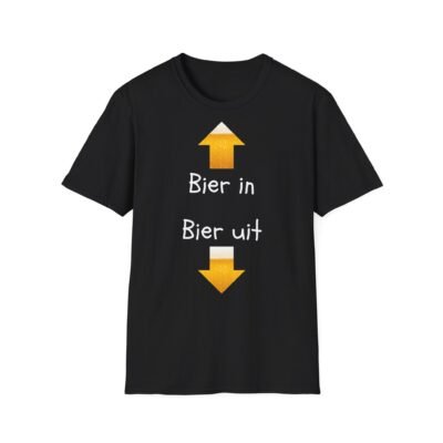 Grappig bier shirt met tekst "Bier in (pijl omhoog), Bier uit (pijl omlaag)," ideaal voor feestgangers en bierliefhebbers.